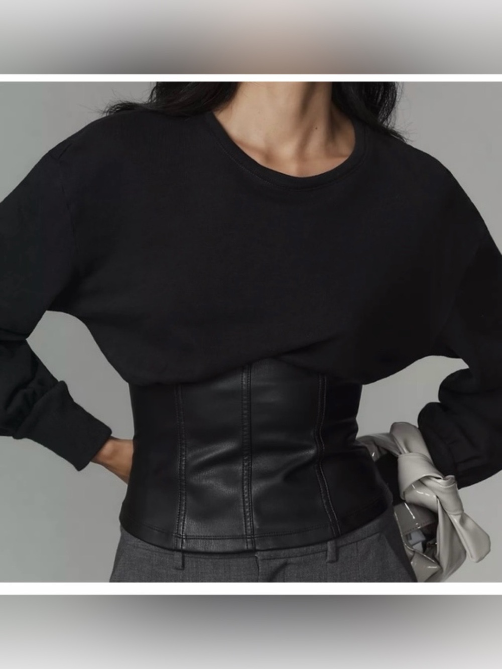 NWT Pilcro Anthropologie Black Faux Leather Corset Sweatshirt Top Sz. L
